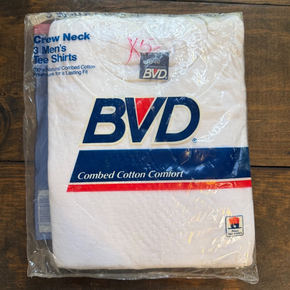 Vintage 1985 BVD Crew Neck Tee Shirts L 42-44 3-Pack Made in USA White Cotton